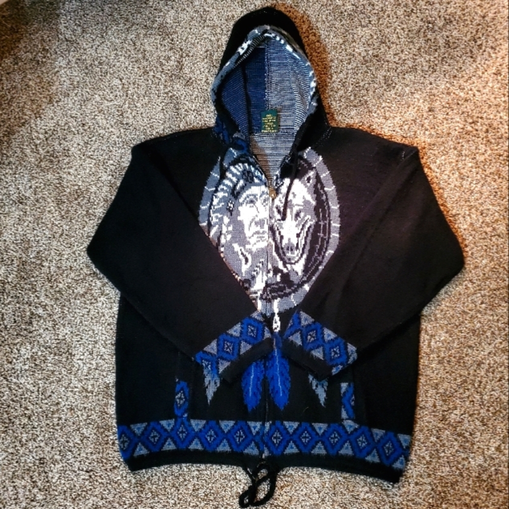 Ruminahui 100% Wool Hoodie VTG Sweater Jacket L-XL Indian Wolf Native American